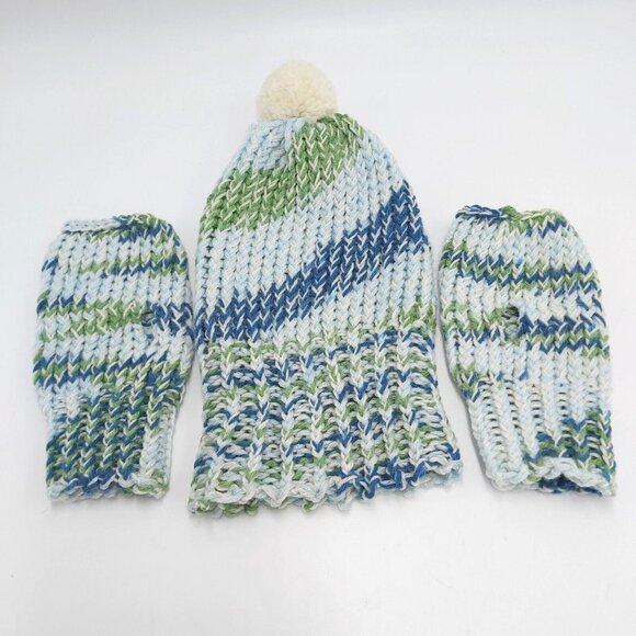 Fingerless Gloves Beanie Hat Toque Pompom Small Blue Green Handmade Loom Knit - Picture 14 of 16